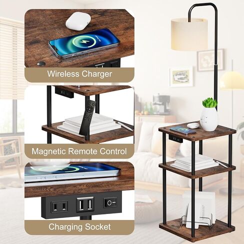 Floor Lamp with Table, Lamp with Shelves and Wireless Charging, Stepless Color Temperature Adjustment with 9W Bulb and Magnetic Remote Control for Living Room, Bedroom in Saudi Arabia