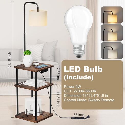 Floor Lamp with Table, Lamp with Shelves and Wireless Charging, Stepless Color Temperature Adjustment with 9W Bulb and Magnetic Remote Control for Living Room, Bedroom in Saudi Arabia