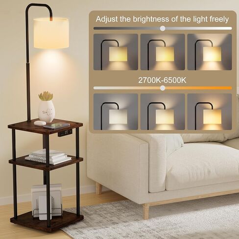 Floor Lamp with Table, Lamp with Shelves and Wireless Charging, Stepless Color Temperature Adjustment with 9W Bulb and Magnetic Remote Control for Living Room, Bedroom in Saudi Arabia