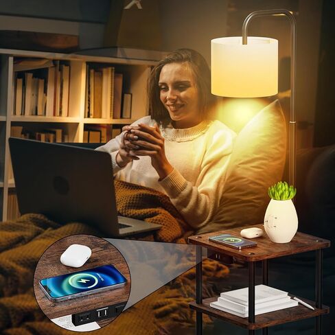 Floor Lamp with Table, Lamp with Shelves and Wireless Charging, Stepless Color Temperature Adjustment with 9W Bulb and Magnetic Remote Control for Living Room, Bedroom in Saudi Arabia