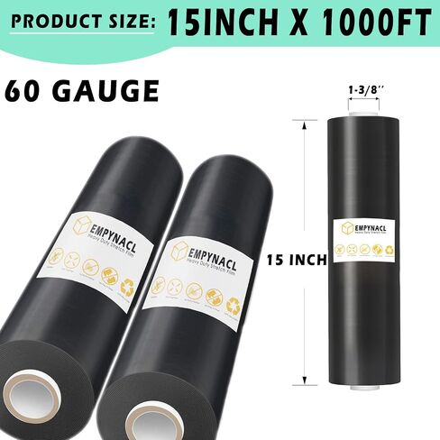 Black Stretch Film, 500% Stretch Heavy Duty Shrink Wrap, 1000ft 60 Gauge Industrial Strength 15 inch Wide Black Plastic Wrap for Pallet Wrapping Shipping and Surface Protection in Saudi Arabia