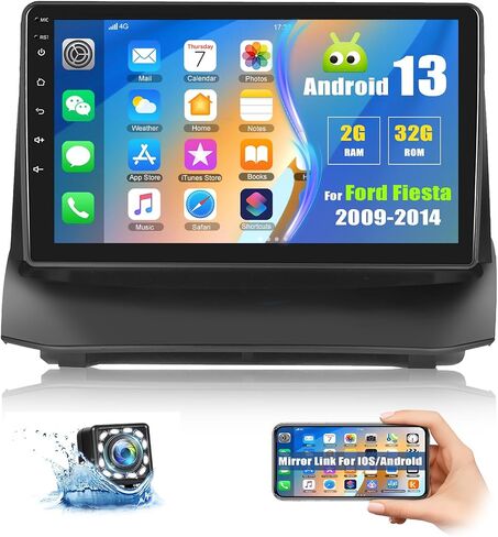 ستيريو سيارة 2G+32G Android 13 لسيارة Ford Fiesta 2009-2014 مع وصلة مرآة iOS/Android، شاشة لمس عالية الدقة 9 بوصة راديو سيارة Ford Fiesta مع WiFi، نظام ملاحة GPS، بلوتوث، راديو FM، SWC، USB مزدوج + كاميرا احتياطية in Saudi Arabia