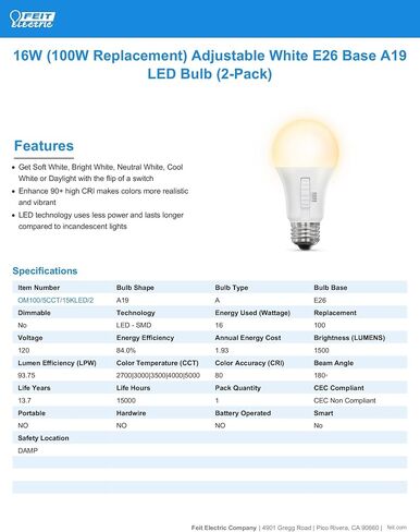 Feit Electric A19 LED Light Bulb, 60W Equivalent, Non-Dimmable, 5CCT, E26 Medium Base, 90 CRI, 800 Lumens, Standard Light Bulb with Switch on Bulb, 13-Year Lifetime, OM60/5CCT/15KLED/2, 2 Pack in Saudi Arabia