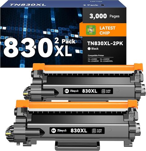 (مع رقاقة) خراطيش حبر TN830 TN830XL ​​830XL ​​بديلة لحزمة Brother TN830X المكونة من قطعتين - متوافقة مع HL-L2400D HL-L2405W HL-L2460DW HL-L2460DWXL، طباعة ما يصل إلى 3000 صفحة لكل حبر in Kuwait