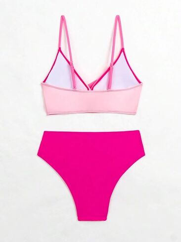 Falainetee Women's 2 Piece Colorblock High Waisted Wrap Spaghetti Strap Summer Swimsuit Bikini Set in Kuwait