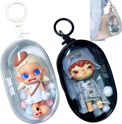 2pcs Clear Figure Display Bag with Keychain Pompom Ball Portable Mini Doll Pouch Carrying Case Blind Box Figures Display Case for Collectibles Zipper Closure (Cabin) in Saudi Arabia