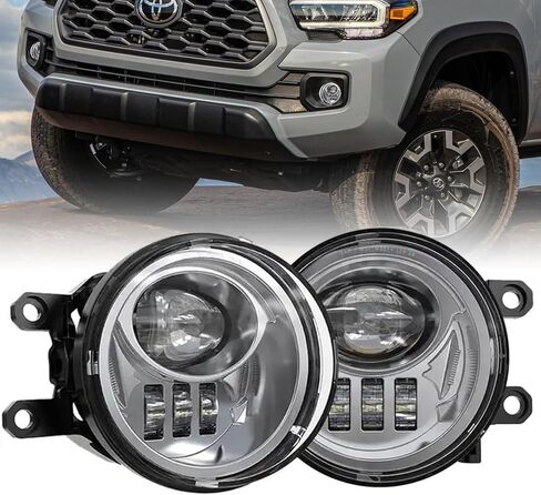 مجموعة مصابيح الضباب LED من الكروم لسيارة تويوتا تاكوما 4 رانر تندرا كامري كورولا RAV4 C-HR هايلاندر سيينا | لكزس | استبدال مصابيح الضباب الدائرية للمصد الأمامي من Scion مع دعامة - فضي in Kuwait