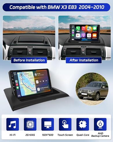 Roinvou 2+64G Android CarPlay Stereo لـ 2004-2010 BMW X3 E83، راديو CarPlay لاسلكي مدمج مع Android Auto، شاشة لمس 9 بوصات في لوحة القيادة GPS ودعم مرآة Link Bluetooth HiFi WiFi RDS in Saudi Arabia