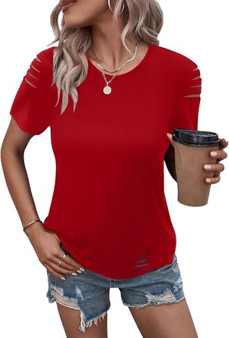 Eachyes Women's Short Sleeve T Shirts Crew Neck Ripped Cut Out Summer Casual Basic Tees Tops in Kuwait