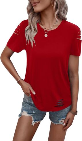 Eachyes Women's Short Sleeve T Shirts Crew Neck Ripped Cut Out Summer Casual Basic Tees Tops in Kuwait