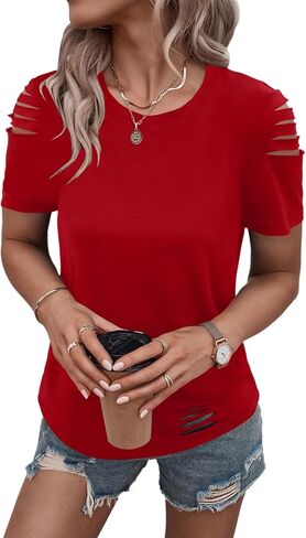 Eachyes Women's Short Sleeve T Shirts Crew Neck Ripped Cut Out Summer Casual Basic Tees Tops in Kuwait