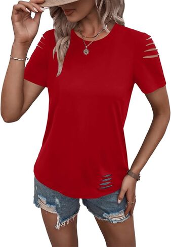 Eachyes Women's Short Sleeve T Shirts Crew Neck Ripped Cut Out Summer Casual Basic Tees Tops in Kuwait