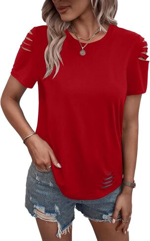 Eachyes Women's Short Sleeve T Shirts Crew Neck Ripped Cut Out Summer Casual Basic Tees Tops in Kuwait