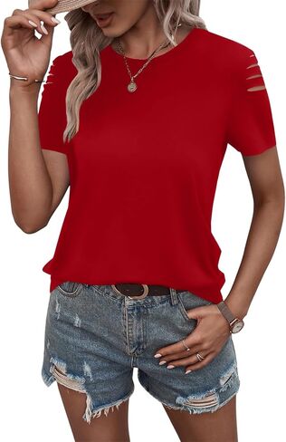 Eachyes Women's Short Sleeve T Shirts Crew Neck Ripped Cut Out Summer Casual Basic Tees Tops in Kuwait
