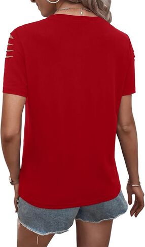 Eachyes Women's Short Sleeve T Shirts Crew Neck Ripped Cut Out Summer Casual Basic Tees Tops in Kuwait