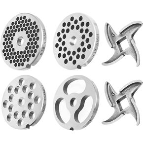 #12 Stainless Steel Grinder Plate Assortment comes with 4 stainless steel grinder plates and 2 stainless steel knives.