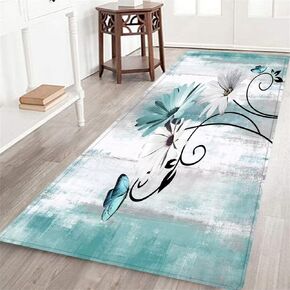 Teal Runner Rug for Hallway 2x6,Daisy Floral Flowers and Butterfly on Country Wooden,Area Rug Hallway Rugs Non-Slip Floor Carpet for Bedroom Entrance Doormat Bathroom Runner Rug Washable Kitchen Rug