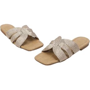 OYOANGLE Women's Metallic Braided Cut Out Square Toe Flat Sandals Single Band Open Toe Vacation Beach Slip on Slides