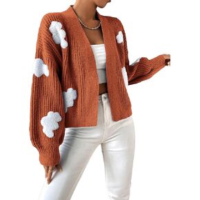 SweatyRocks Women's Graphic Embroidery Long Sleeve Loose Cardigan Open Front Knit Cardigan Crop Sweater