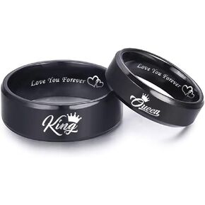 Love You Forever King Queen Rings for Couples Heart to Heart Anniversary Promise Wedding Bands for Him and Her Stainless Steel Lovers Ring 8mm 6mm Black