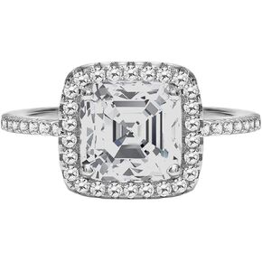 TwoBirch Halo Cushion Asscher Cut Prong Set Engagement Ring in 18k White Gold Plated Sterling Silver and CZ