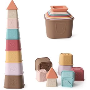 Baby Stacking Cups Toy, Silicone Baby Stacking Tower, Silicone Soft Teething Toy Educational Baby Toys, Baby Building Toys Blocks, 6 Months+, 8 Pcs Set-Vintage