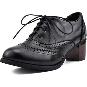 100FIXEO Women Block Heel Wingtip Oxford Shoes Vintage Chunky Heel Saddle Shoes