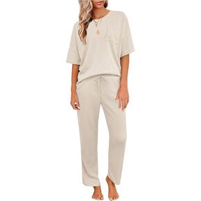 JiniGolla Womens Pajama Sets Waffle Knit Short Sleeve Shirt with Long Pajama Pants Soft Sleepwear Pj Lounge Sets