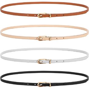 Women Skinny Leather Belts, 4 Pack Thin Waist Belt with Gold Buckle 0.4 Inch Width Skinny Ladies Leather Belt for Jeans Dress Pants (White, Champagne Color, Dark Brown, Black)