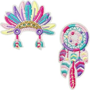 Tornado-Storm 2 Pcs Indian Colorful Dreamcatcher Feather Crown Windbell Free Spirit Embroidered Patches, Sew on Iron on Patch Decoration Appliques for Clothes Jeans Hat Backpacks DIY Accessories Badge in Saudi Arabia