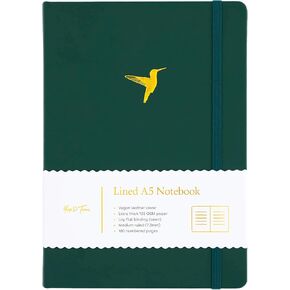 Yop & Tom A5 Lined Journal - Notebook with Vegan Leather Cover and Hummingbird Emblem - Forest Green
