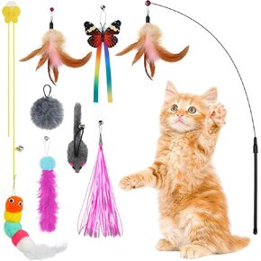 Interactive Cat Toys Cat Teaser Wand Set and Hanging Cat Door Toys with 8pcs Cat Feather Replacement Toys Mice, Cat Toys Kitten Toys for Indoor