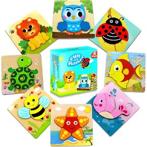 Animal Wooden Puzzles, Montessori Toys for Toddlers 1-3, 8 Pack Baby Puzzle for Kids1 2 3+ Years Old, Preschoool Learning, Puzzle Board for Boys Girls Christmas Birthday Gift