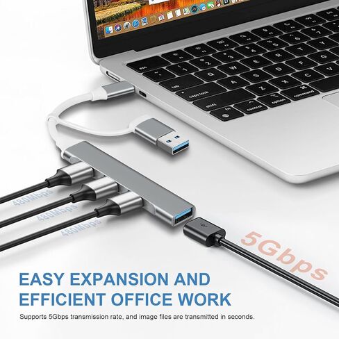 محول USB C Hub متعدد المنافذ 2 في 1 محمول USB C إلى USB Hub 3.0 من الألومنيوم USB نوع C موزع بيانات لجهاز MacBook Pro/Air، الكمبيوتر المحمول، PS4، PS5، الطابعة، رمادي in Kuwait