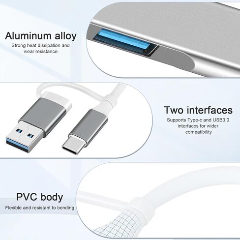 محول USB C Hub متعدد المنافذ 2 في 1 محمول USB C إلى USB Hub 3.0 من الألومنيوم USB نوع C موزع بيانات لجهاز MacBook Pro/Air، الكمبيوتر المحمول، PS4، PS5، الطابعة، رمادي in Kuwait