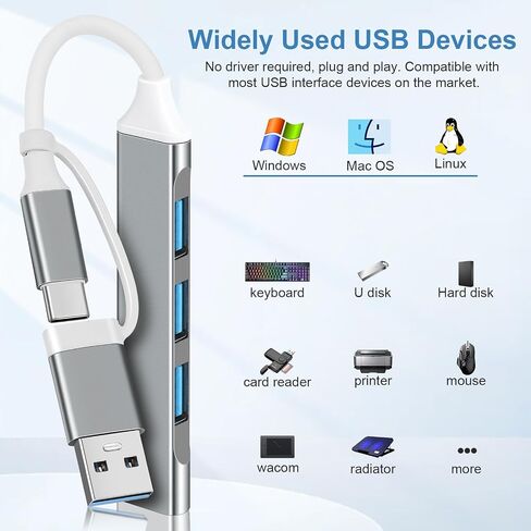 محول USB C Hub متعدد المنافذ 2 في 1 محمول USB C إلى USB Hub 3.0 من الألومنيوم USB نوع C موزع بيانات لجهاز MacBook Pro/Air، الكمبيوتر المحمول، PS4، PS5، الطابعة، رمادي in Kuwait