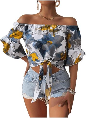 SweatyRocks Women's Ruffle Half Sleeve Off Shoulder Knot Front Floral Crop Blouses in Saudi Arabia