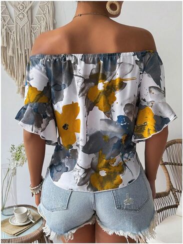 SweatyRocks Women's Ruffle Half Sleeve Off Shoulder Knot Front Floral Crop Blouses in Saudi Arabia