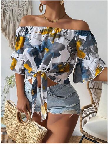 SweatyRocks Women's Ruffle Half Sleeve Off Shoulder Knot Front Floral Crop Blouses in Saudi Arabia