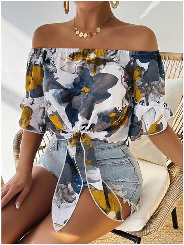 SweatyRocks Women's Ruffle Half Sleeve Off Shoulder Knot Front Floral Crop Blouses in Saudi Arabia