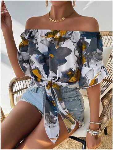 SweatyRocks Women's Ruffle Half Sleeve Off Shoulder Knot Front Floral Crop Blouses in Saudi Arabia
