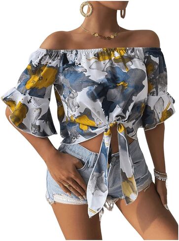 SweatyRocks Women's Ruffle Half Sleeve Off Shoulder Knot Front Floral Crop Blouses in Saudi Arabia