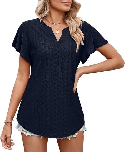 Women's Short Sleeve T Shirt Eyelet Dressy Casual V Neck Tops Blouse in Saudi Arabia