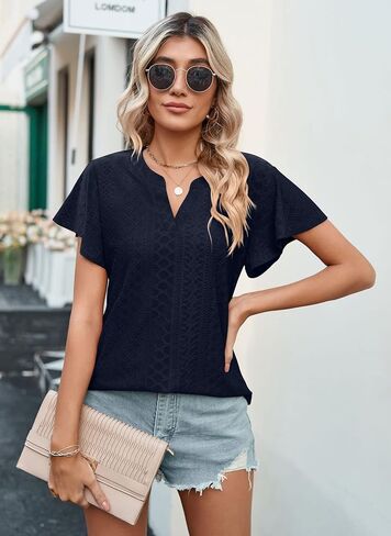 Women's Short Sleeve T Shirt Eyelet Dressy Casual V Neck Tops Blouse in Saudi Arabia