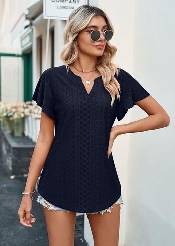 Women's Short Sleeve T Shirt Eyelet Dressy Casual V Neck Tops Blouse in Saudi Arabia