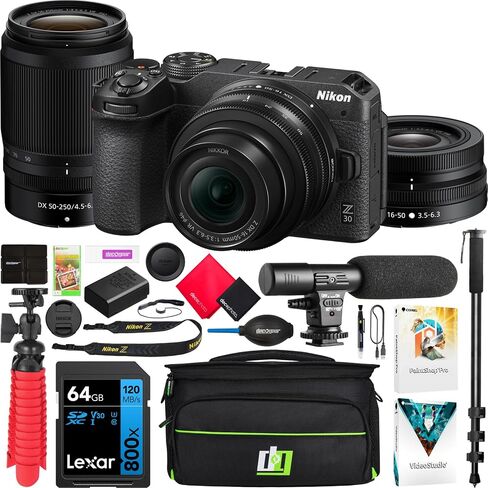 كاميرا Nikon Z 30 بدون مرآة، هيكل 4K DX مع طقم عدسات NIKKOR Z DX مقاس 16-50 ملم و50-250 ملم 1743، تتضمن حقيبة ديكو جير للتصوير الفوتوغرافي + ميكروفون + مونوبود + بطاقة 64 جيجابايت + البرامج والملحقات in Saudi Arabia