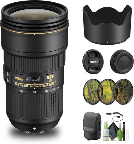 نيكون - عدسة AF-S NIKKOR مقاس 24-70 مم وببؤرة f/2.8E ED VR، عدسة تكبير بزاوية واسعة (20052) + طقم مرشح + حافظة للغطاء + طقم تنظيف (متجدد) in Saudi Arabia