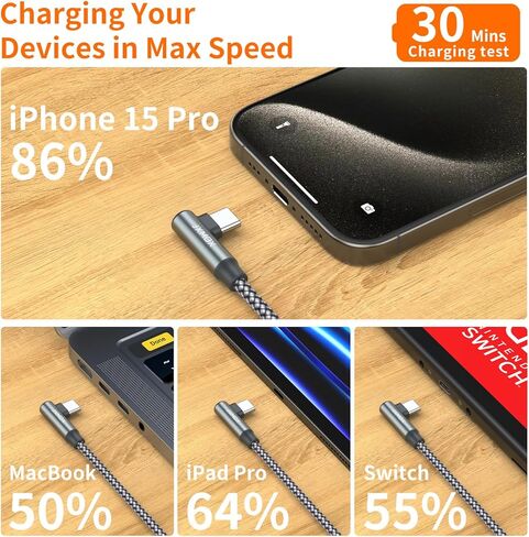 كابل شاحن JXMOX USB C، كابل USB C إلى USB C (عبوتان بطول 3.3 قدم)، سلك شحن سريع من النوع C 60 وات بزاوية قائمة لهاتف iPhone 15/15 Pro Max وiPad Pro/Mini 6 وMacBook Pro وSamsung Galaxy S23 S22 S21، يُحوّل in Kuwait