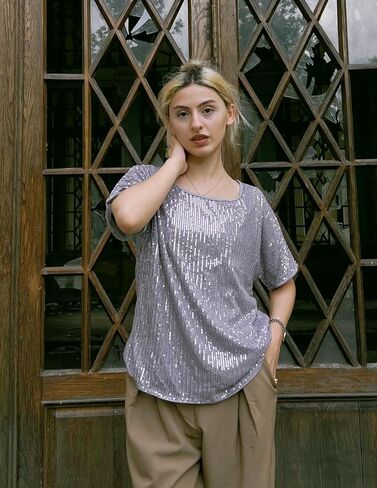 JASAMBAC Women's Sequin Tops Short Sleeve One Shoulder Loose Sexy Sparkle Glitter Party Holiday Club Night Blouses in Kuwait