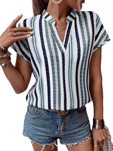 SOLY HUX Women's Striped Notched Neck Short Sleeve Summer Blouse Tops in Saudi Arabia